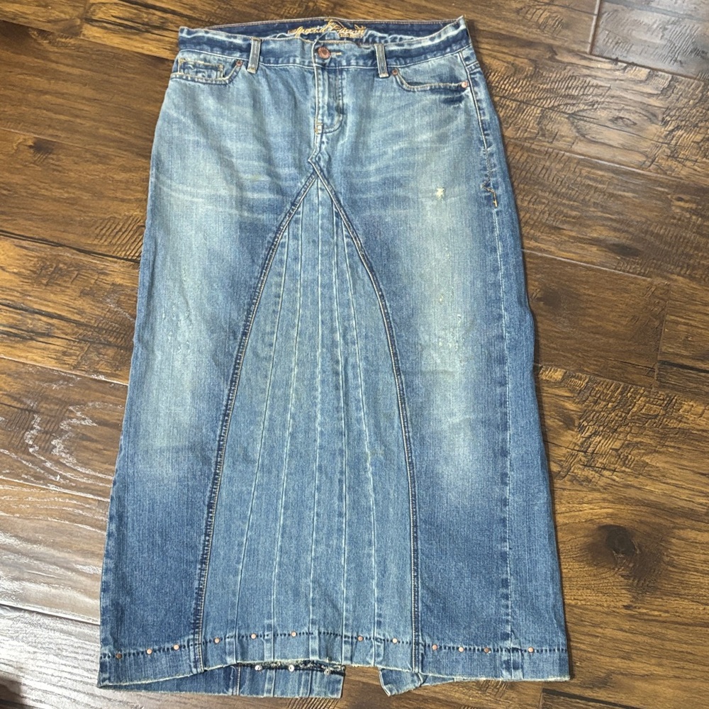 Blue Denim Maxi Skirt with Paneled Front Detail